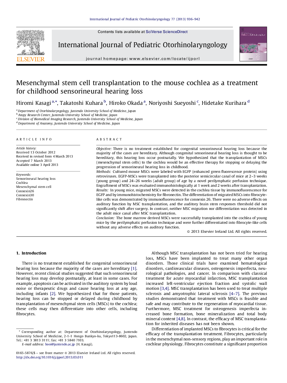 Mesenchymal stem cell transplantation to the mouse cochlea as a treatment for childhood sensorineural hearing loss