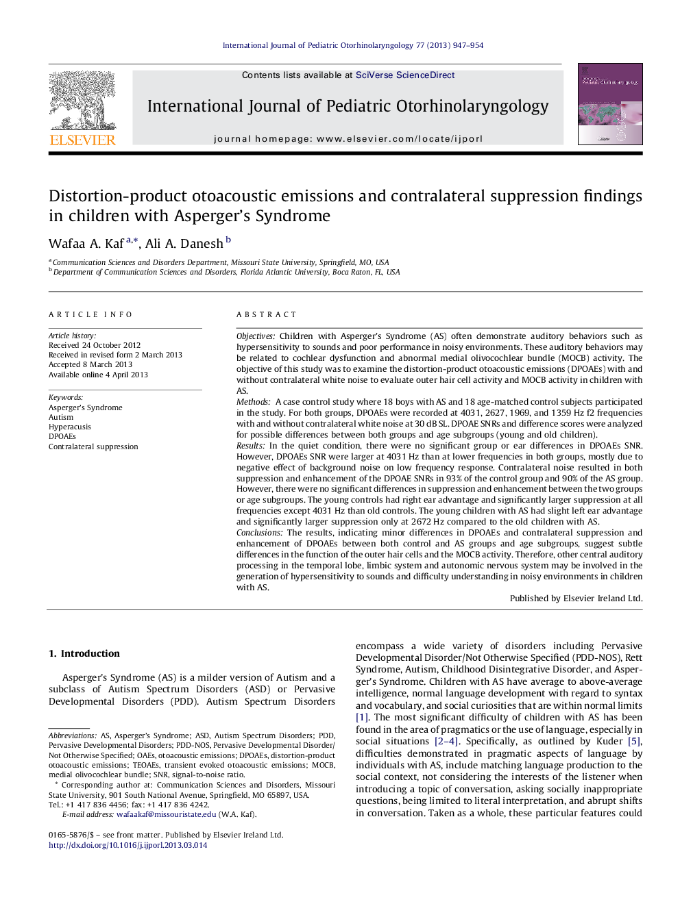 Distortion-product otoacoustic emissions and contralateral suppression findings in children with Asperger's Syndrome