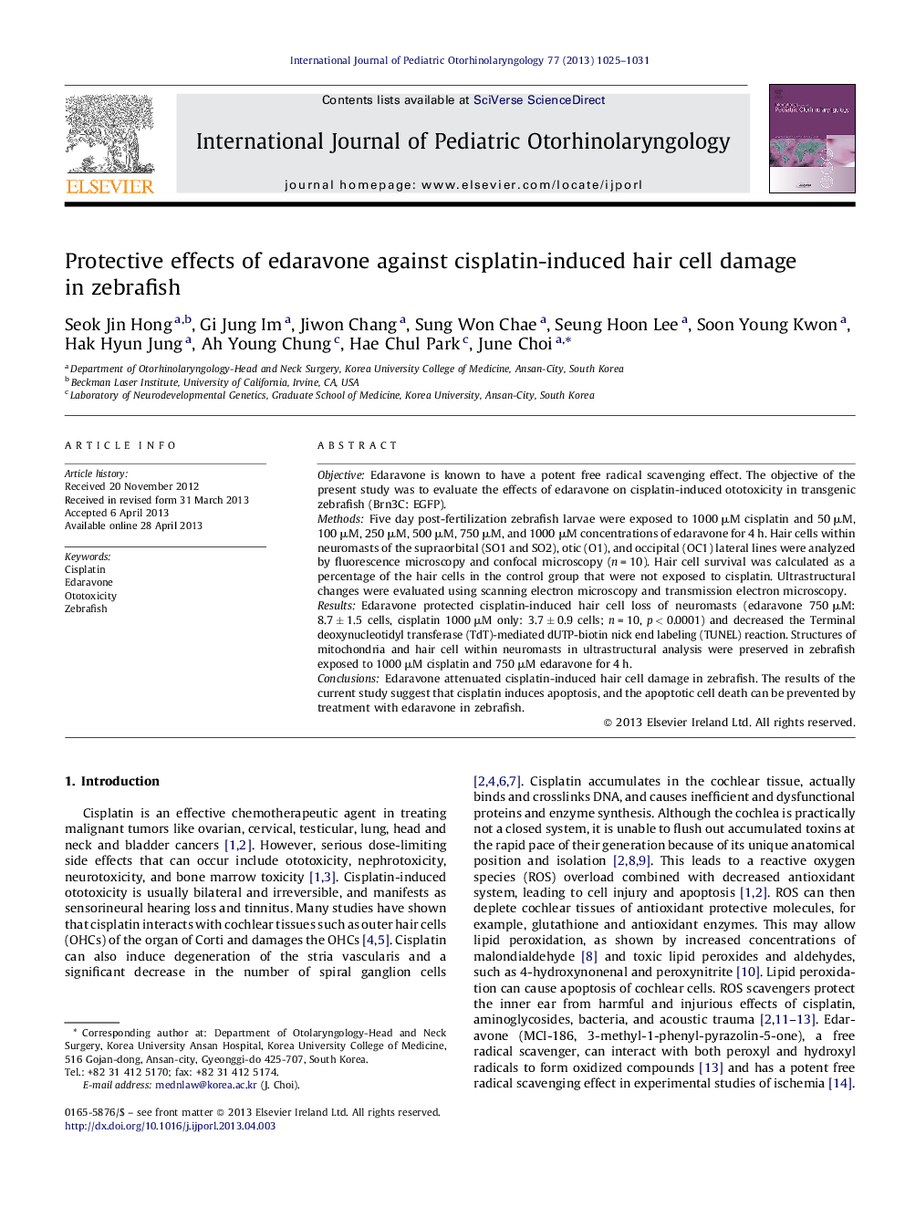 Protective effects of edaravone against cisplatin-induced hair cell damage in zebrafish