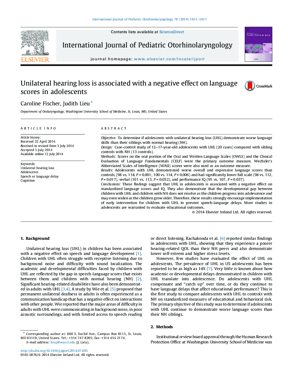 Unilateral hearing loss is associated with a negative effect on language scores in adolescents