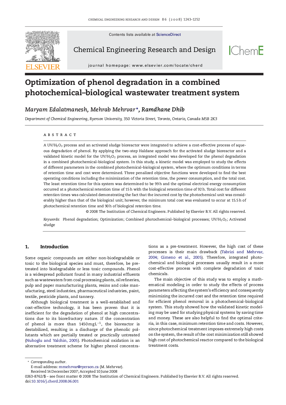 Optimization of phenol degradation in a combined photochemical–biological wastewater treatment system