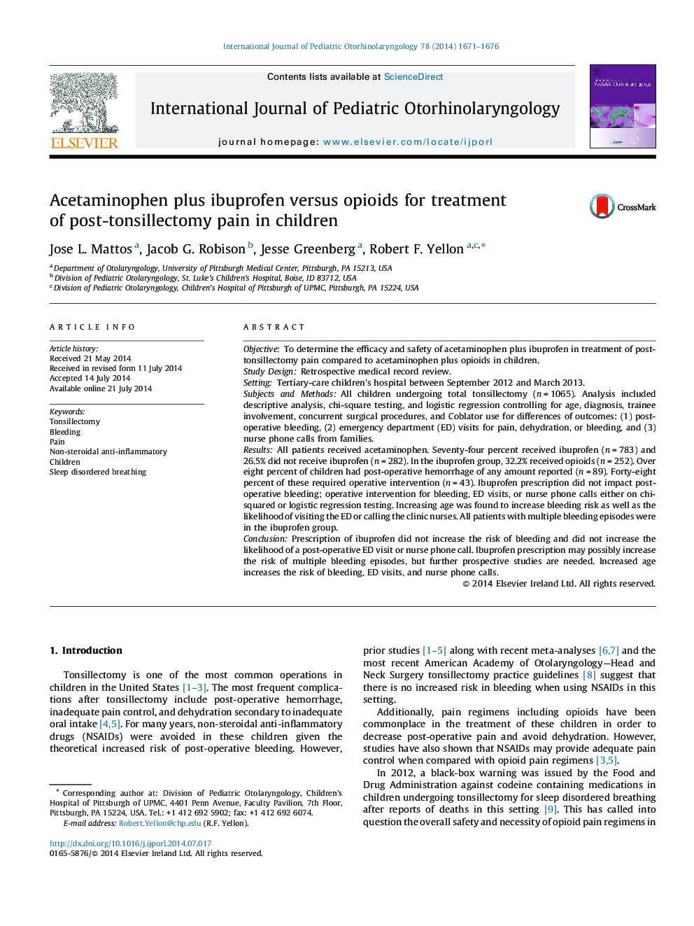 Acetaminophen plus ibuprofen versus opioids for treatment of post-tonsillectomy pain in children