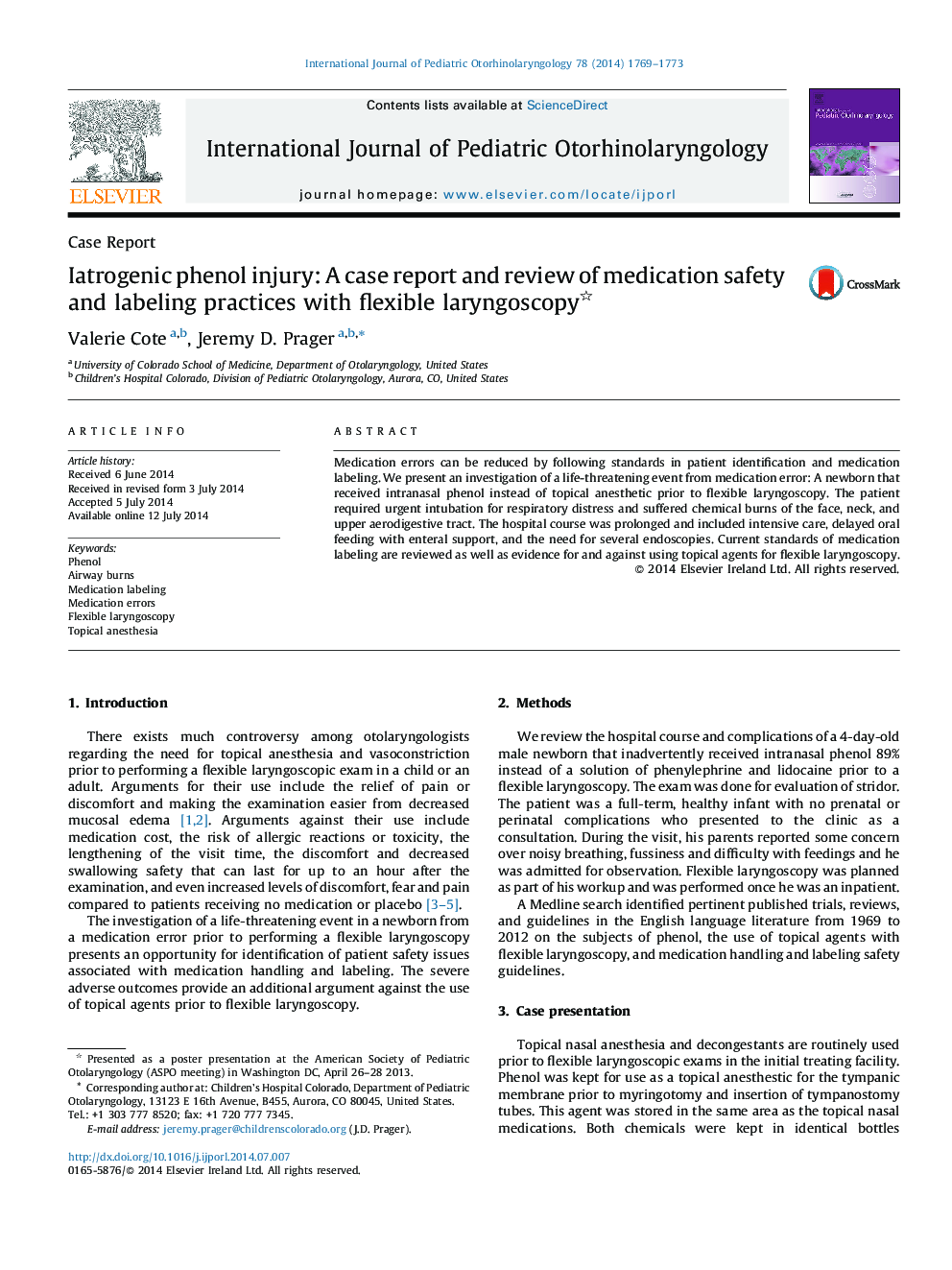 Iatrogenic phenol injury: A case report and review of medication safety and labeling practices with flexible laryngoscopy