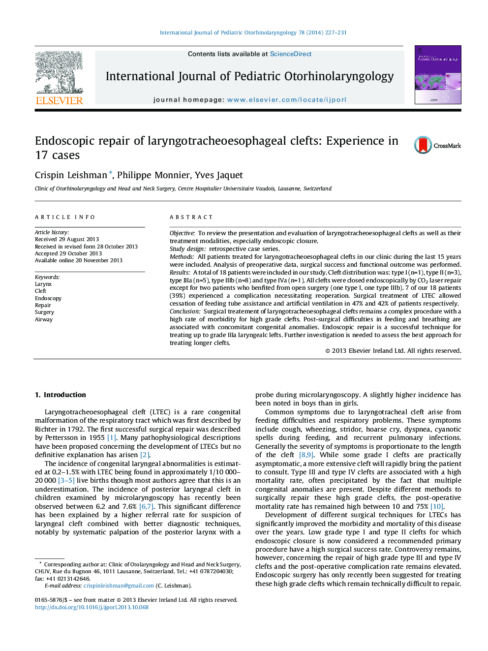 Endoscopic repair of laryngotracheoesophageal clefts: Experience in 17 cases