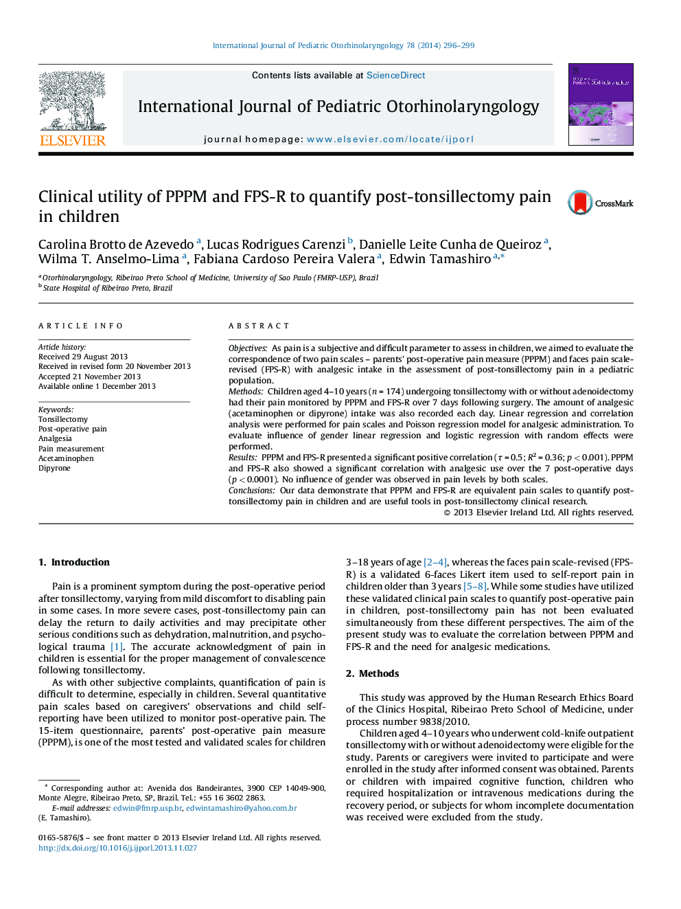 Clinical utility of PPPM and FPS-R to quantify post-tonsillectomy pain in children