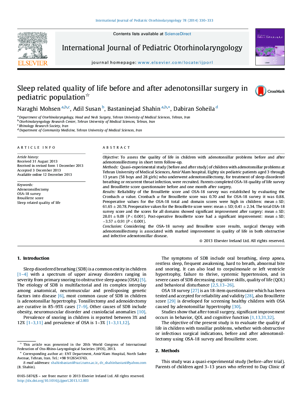 Sleep related quality of life before and after adenotonsillar surgery in pediatric population