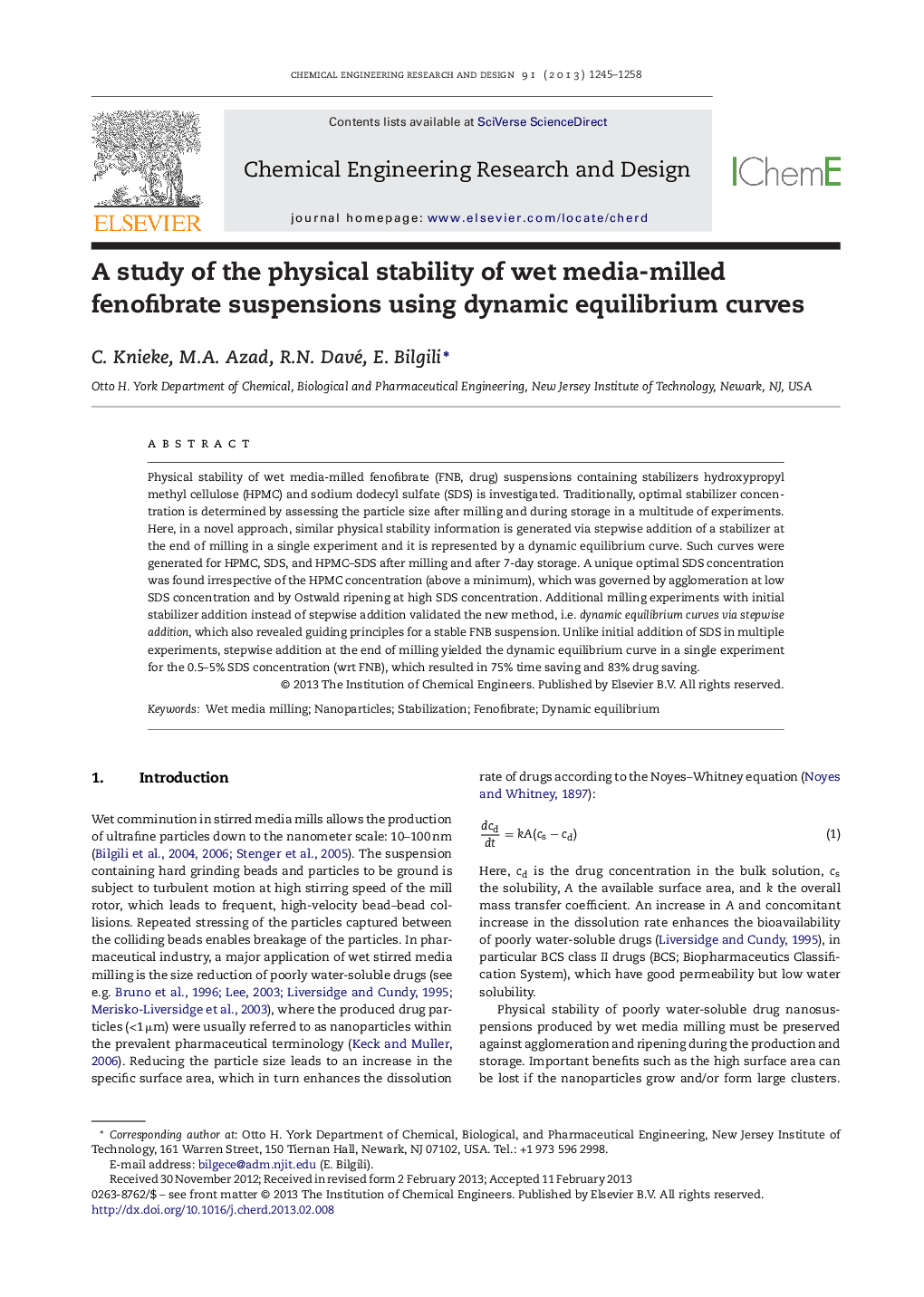 A study of the physical stability of wet media-milled fenofibrate suspensions using dynamic equilibrium curves