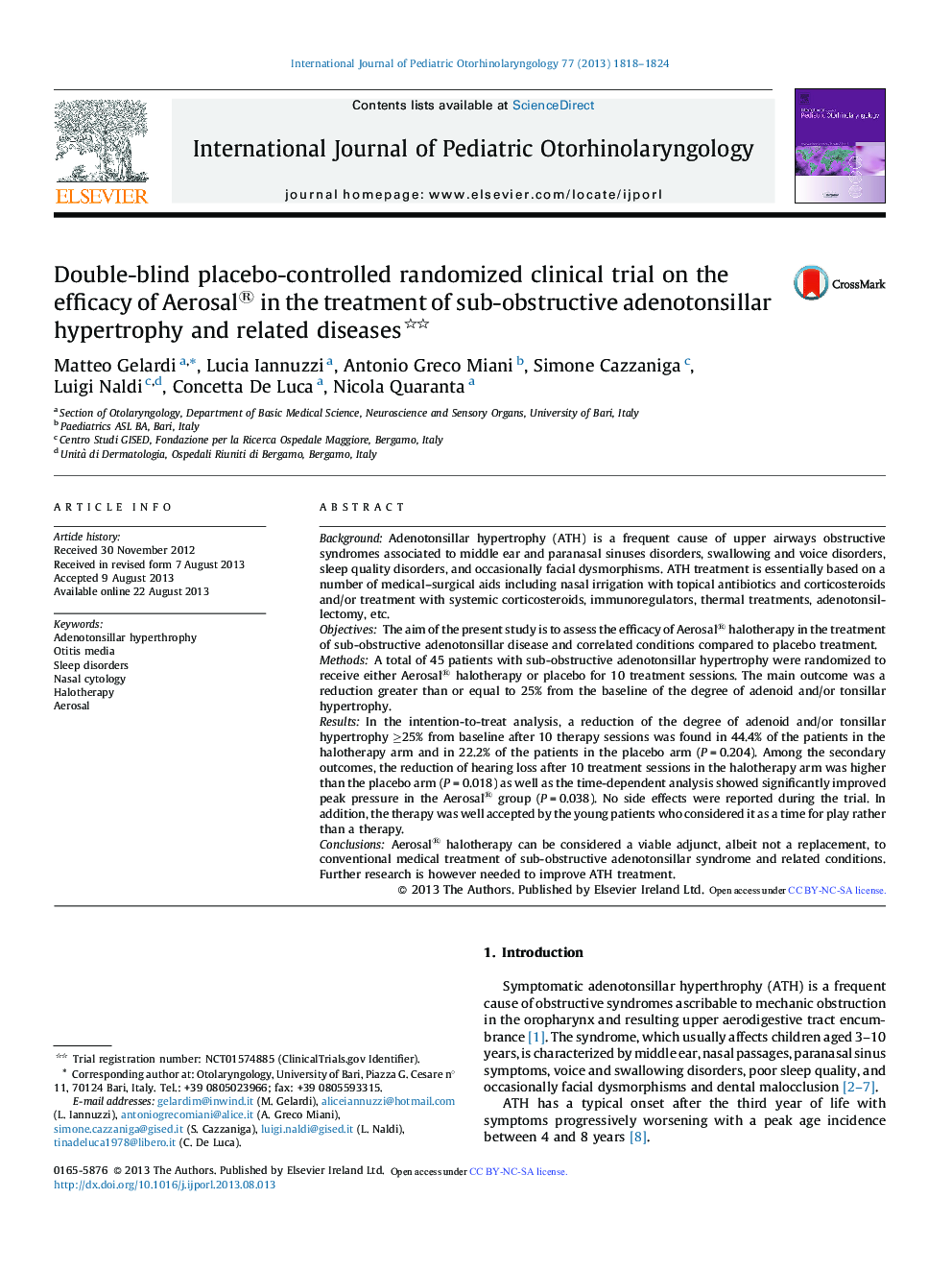 Double-blind placebo-controlled randomized clinical trial on the efficacy of Aerosal® in the treatment of sub-obstructive adenotonsillar hypertrophy and related diseases 