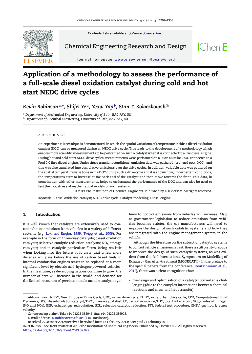 Application of a methodology to assess the performance of a full-scale diesel oxidation catalyst during cold and hot start NEDC drive cycles