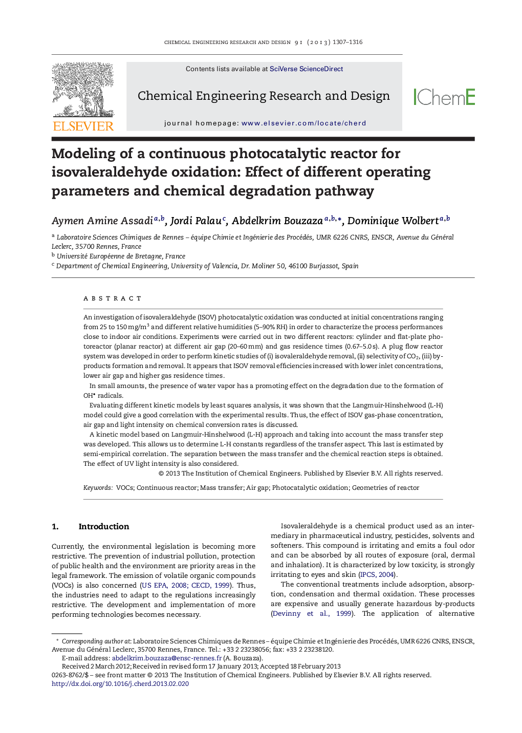 Modeling of a continuous photocatalytic reactor for isovaleraldehyde oxidation: Effect of different operating parameters and chemical degradation pathway