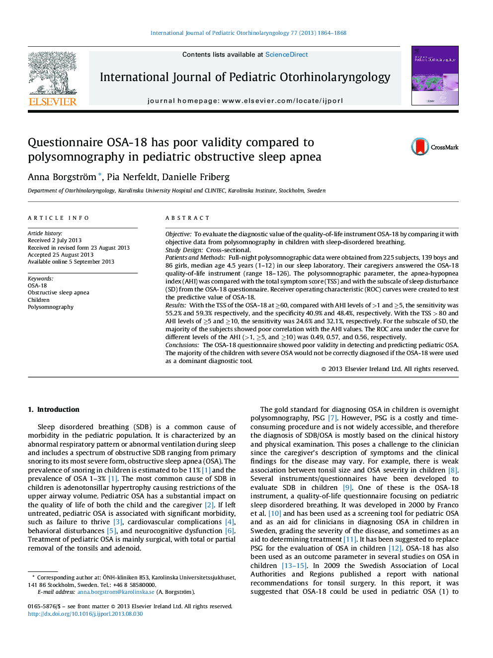 Questionnaire OSA-18 has poor validity compared to polysomnography in pediatric obstructive sleep apnea