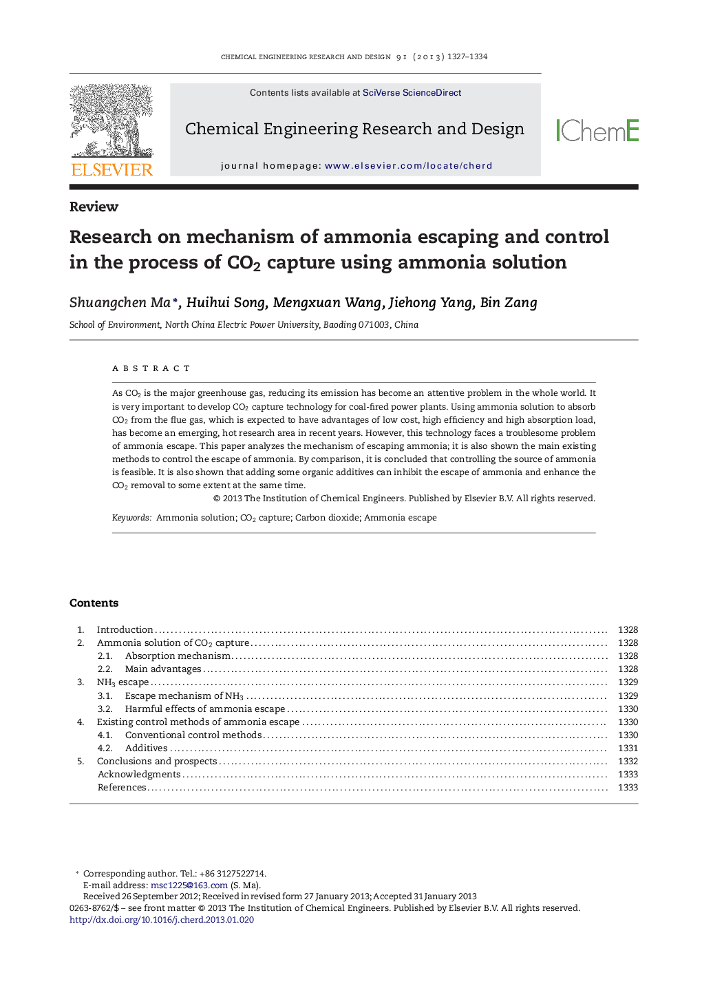 Research on mechanism of ammonia escaping and control in the process of CO2 capture using ammonia solution