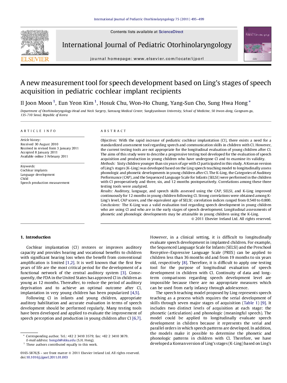 A new measurement tool for speech development based on Ling's stages of speech acquisition in pediatric cochlear implant recipients