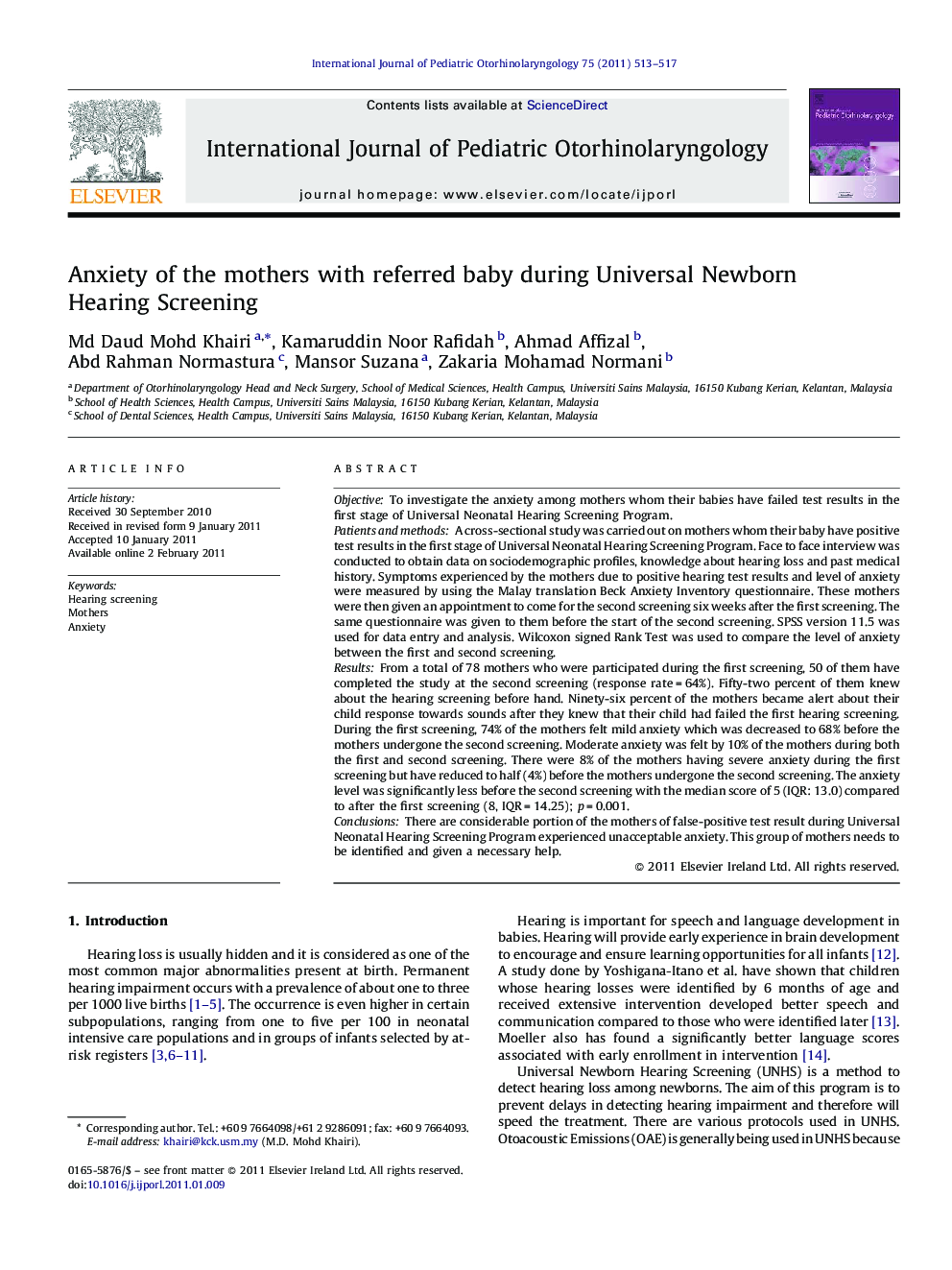 Anxiety of the mothers with referred baby during Universal Newborn Hearing Screening