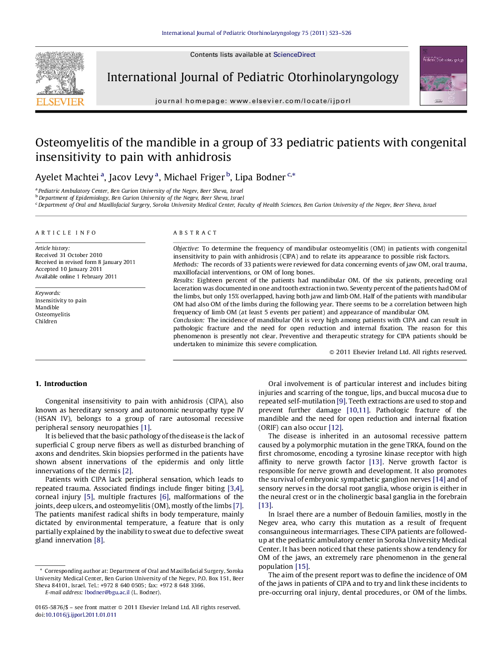 Osteomyelitis of the mandible in a group of 33 pediatric patients with congenital insensitivity to pain with anhidrosis