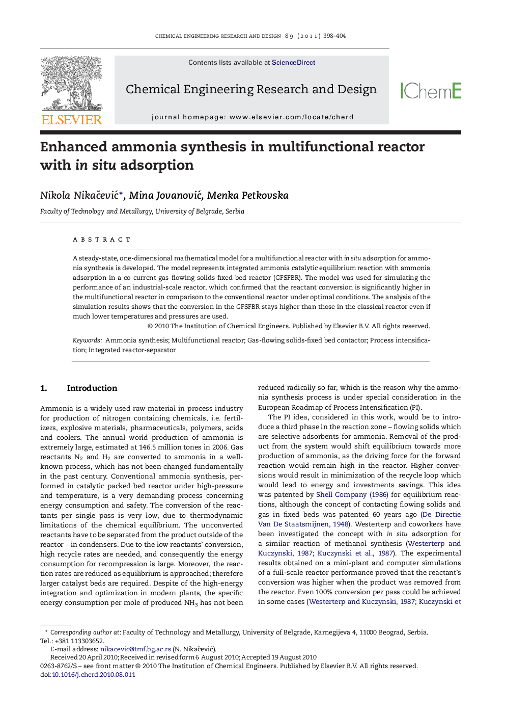 Enhanced ammonia synthesis in multifunctional reactor with in situ adsorption