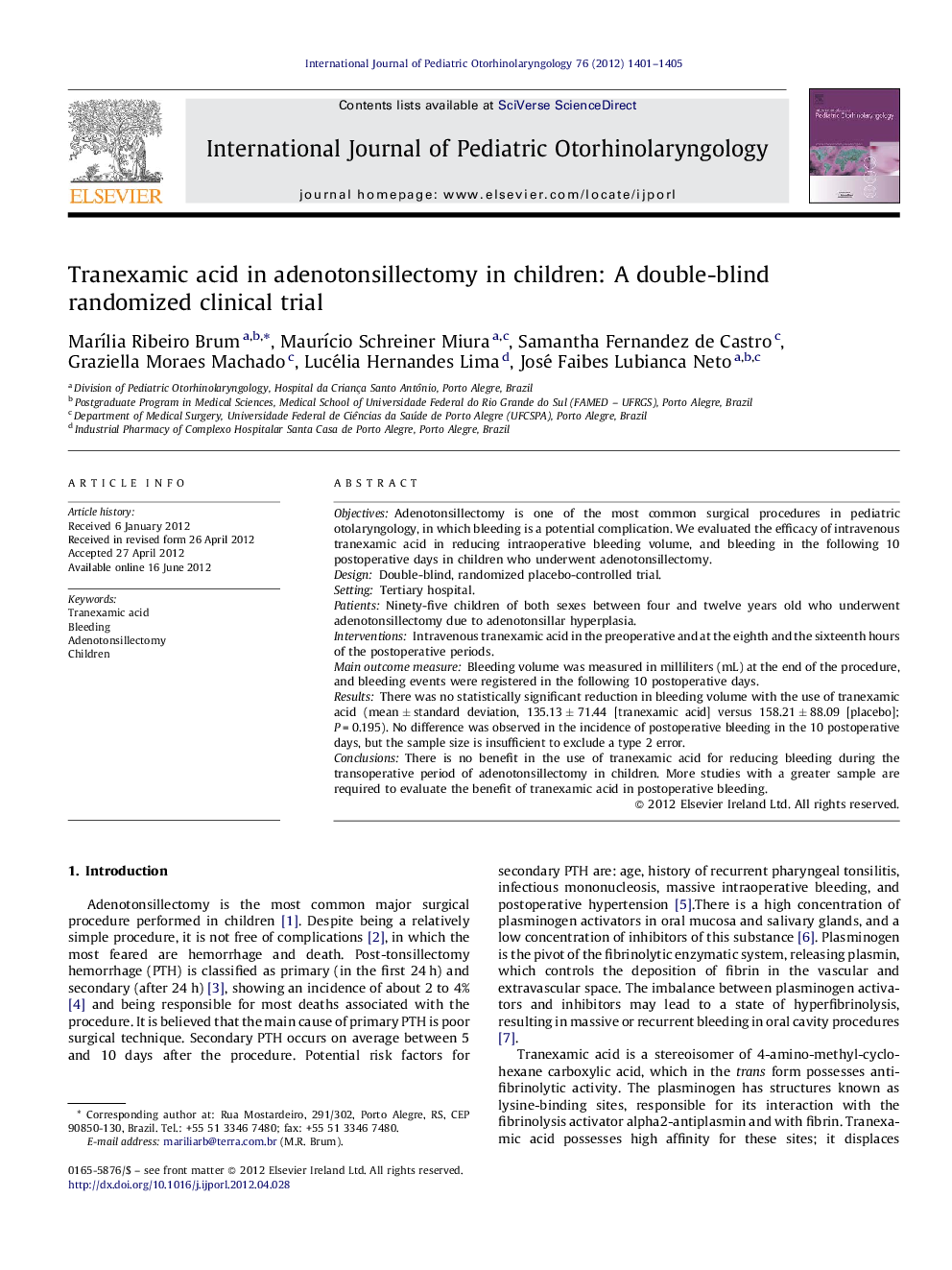 Tranexamic acid in adenotonsillectomy in children: A double-blind randomized clinical trial