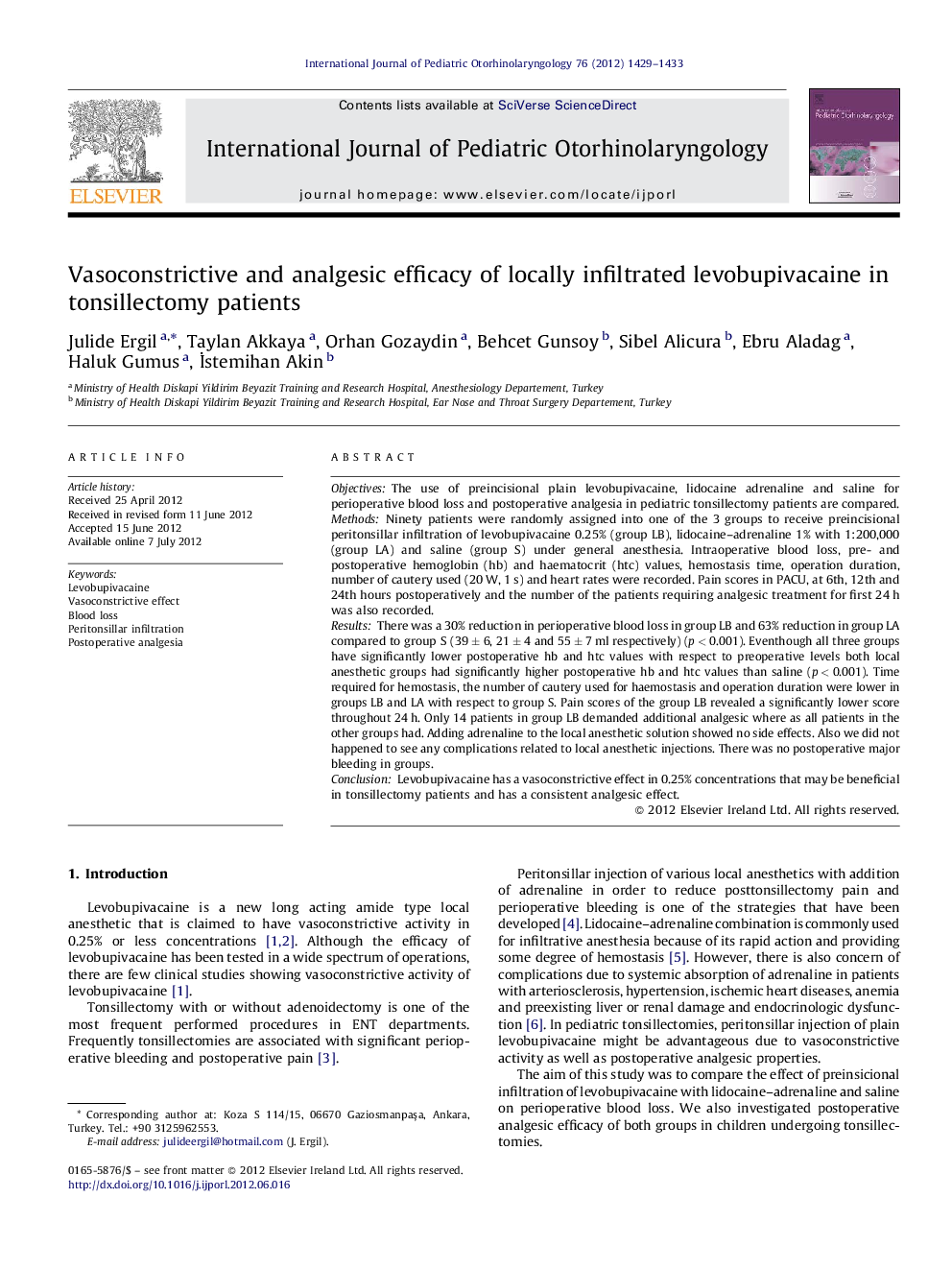 Vasoconstrictive and analgesic efficacy of locally infiltrated levobupivacaine in tonsillectomy patients