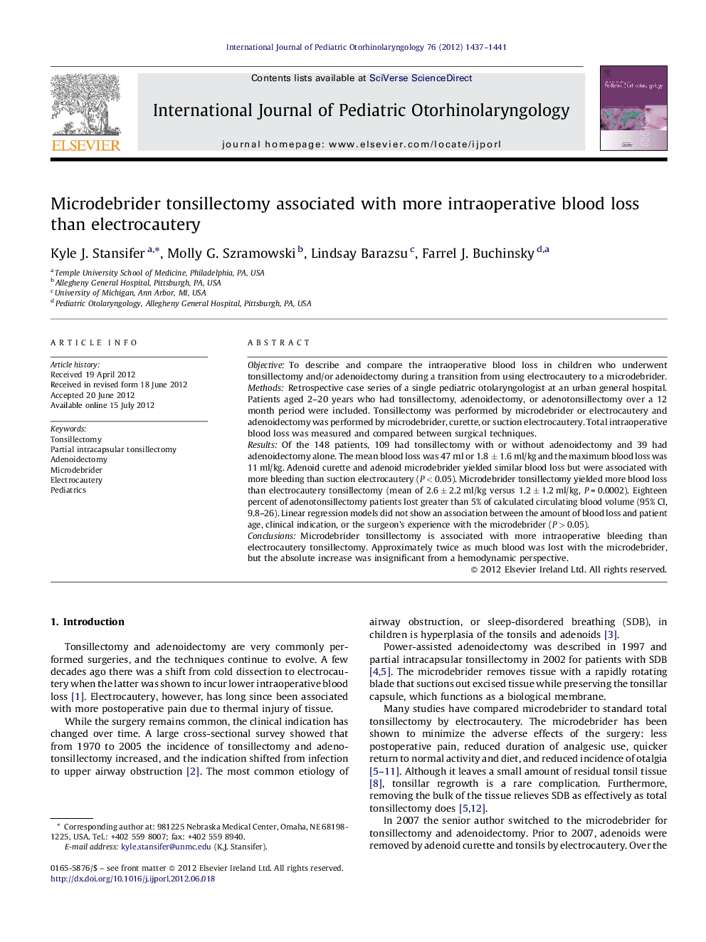 Microdebrider tonsillectomy associated with more intraoperative blood loss than electrocautery