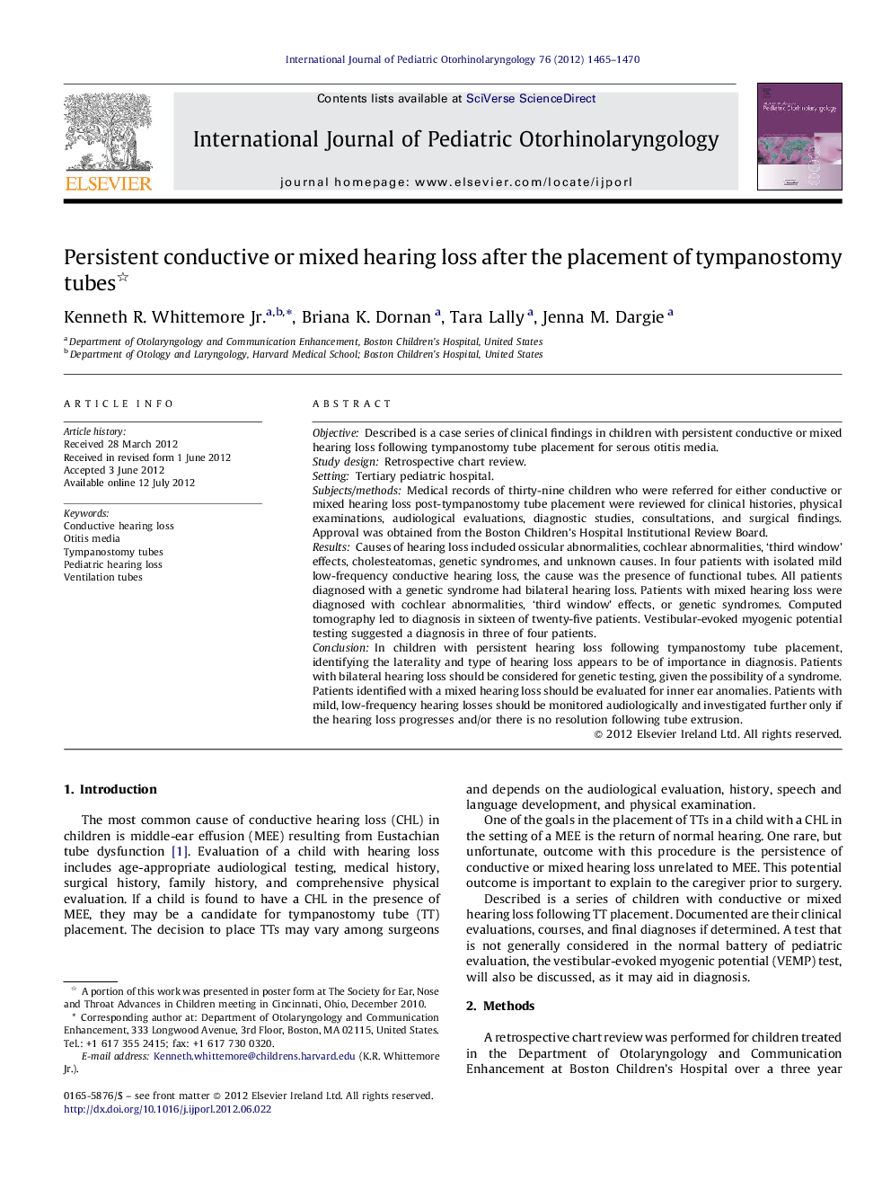 Persistent conductive or mixed hearing loss after the placement of tympanostomy tubes