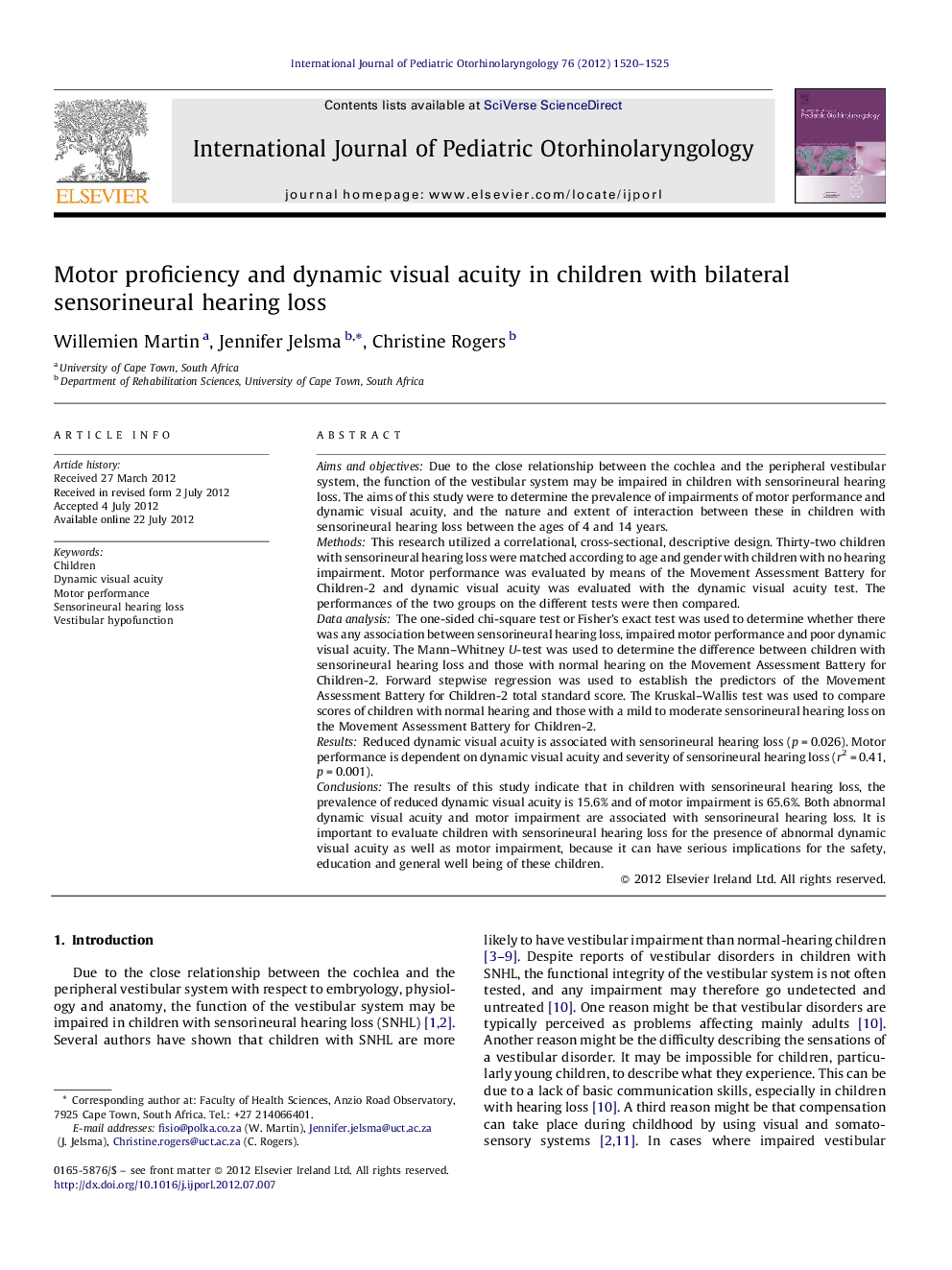 Motor proficiency and dynamic visual acuity in children with bilateral sensorineural hearing loss