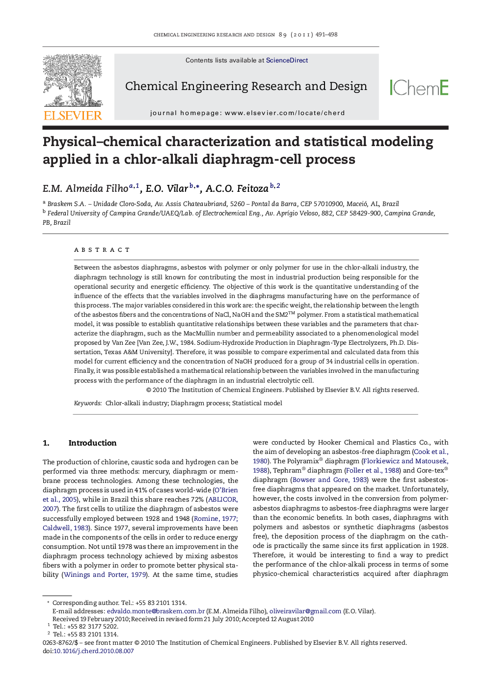 Physical-chemical characterization and statistical modeling applied in a chlor-alkali diaphragm-cell process