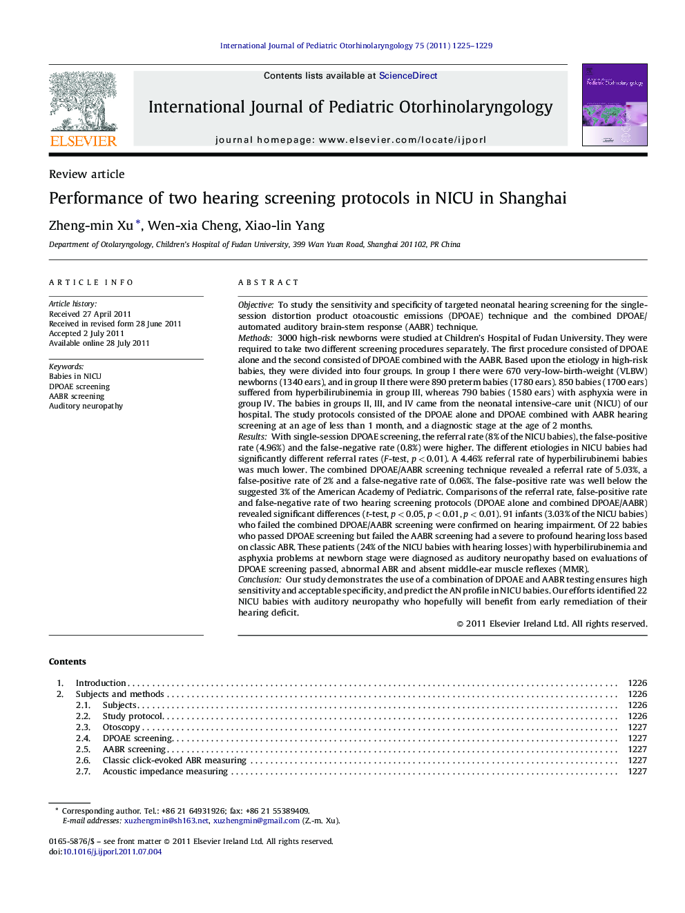 Performance of two hearing screening protocols in NICU in Shanghai