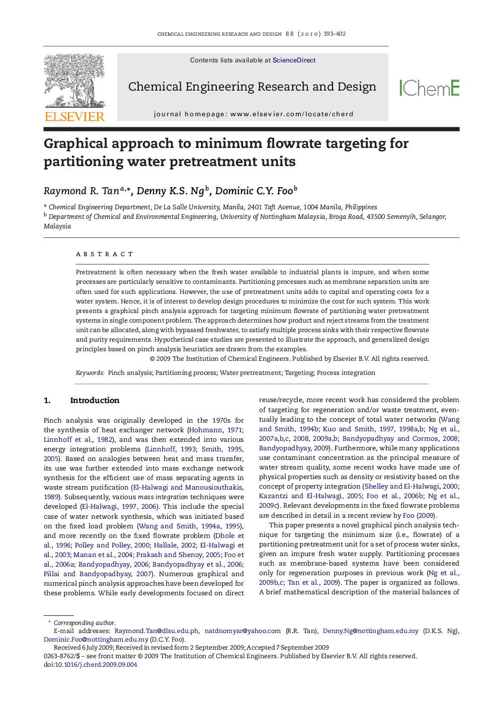 Graphical approach to minimum flowrate targeting for partitioning water pretreatment units