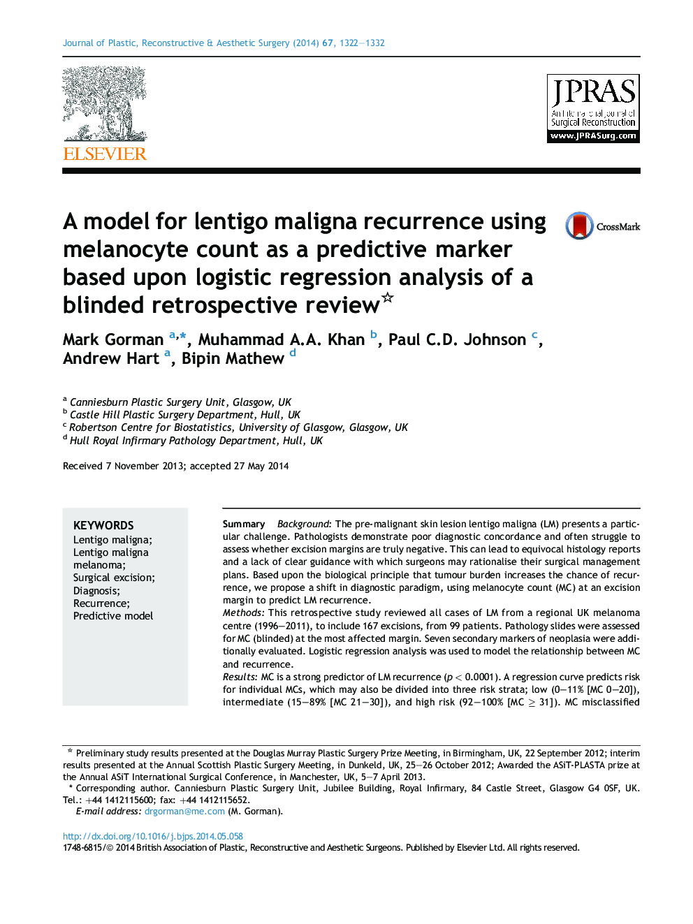 A model for lentigo maligna recurrence using melanocyte count as a predictive marker based upon logistic regression analysis of a blinded retrospective review