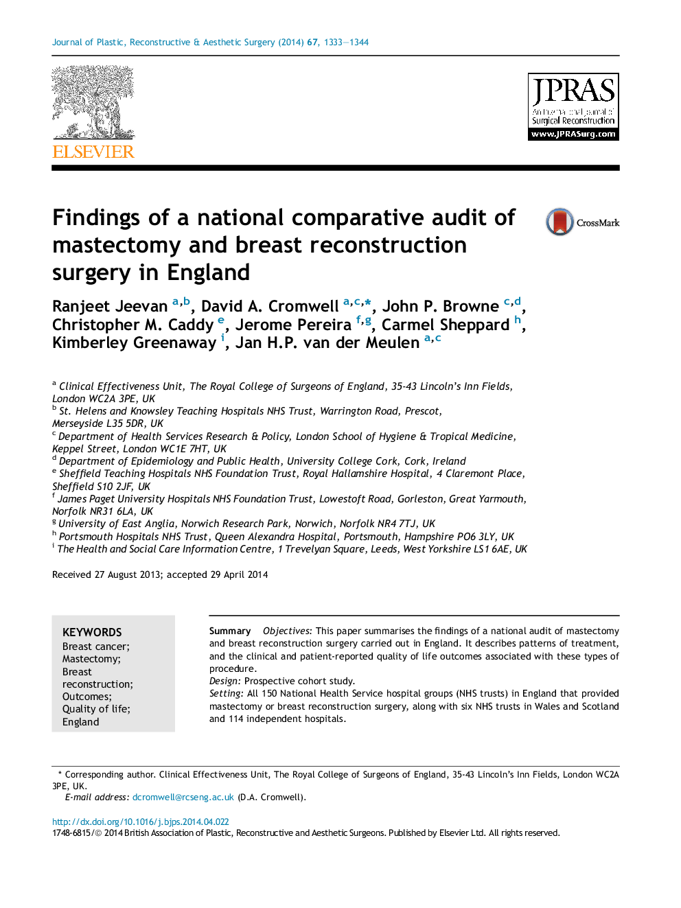 Findings of a national comparative audit of mastectomy and breast reconstruction surgery in England