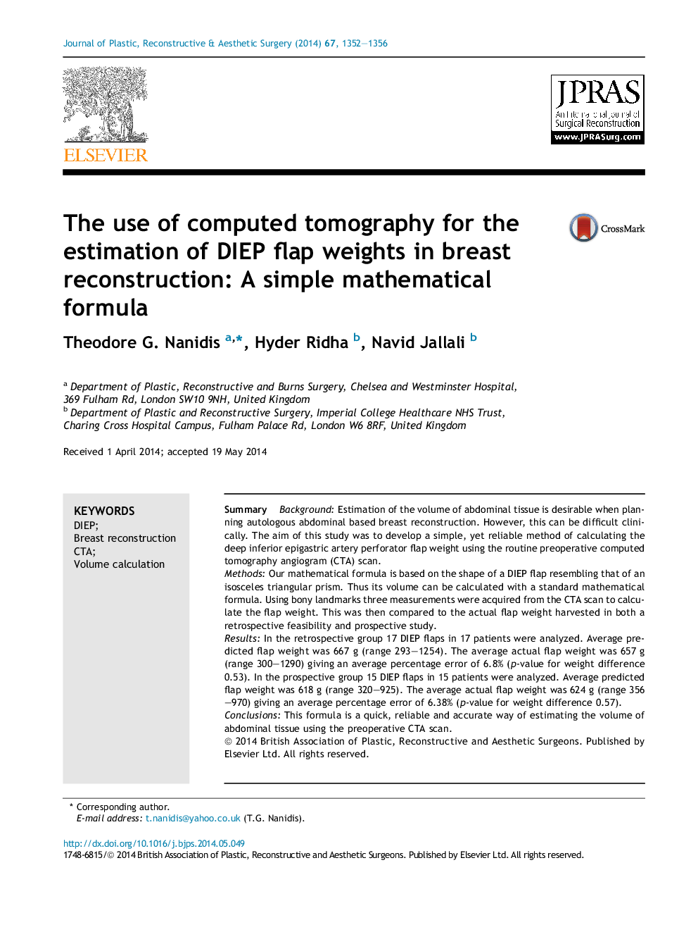 The use of computed tomography for the estimation of DIEP flap weights in breast reconstruction: A simple mathematical formula