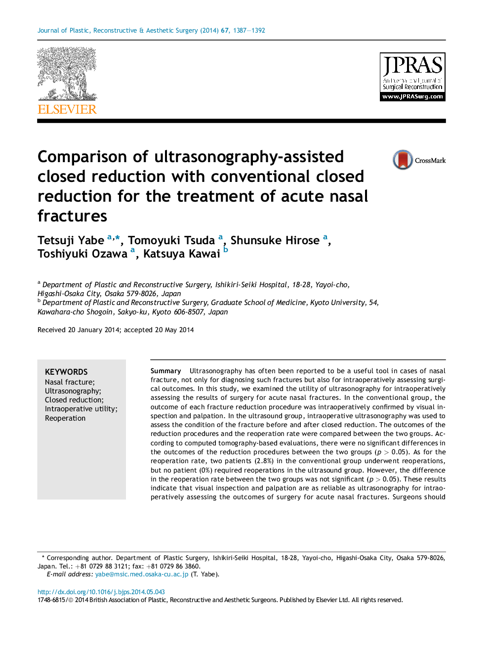 Comparison of ultrasonography-assisted closed reduction with conventional closed reduction for the treatment of acute nasal fractures