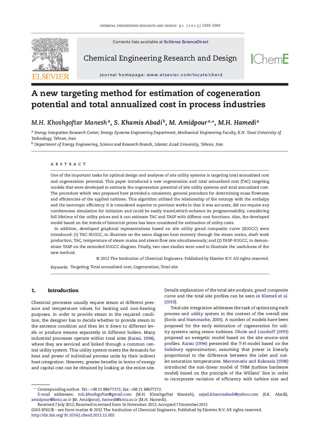 A new targeting method for estimation of cogeneration potential and total annualized cost in process industries