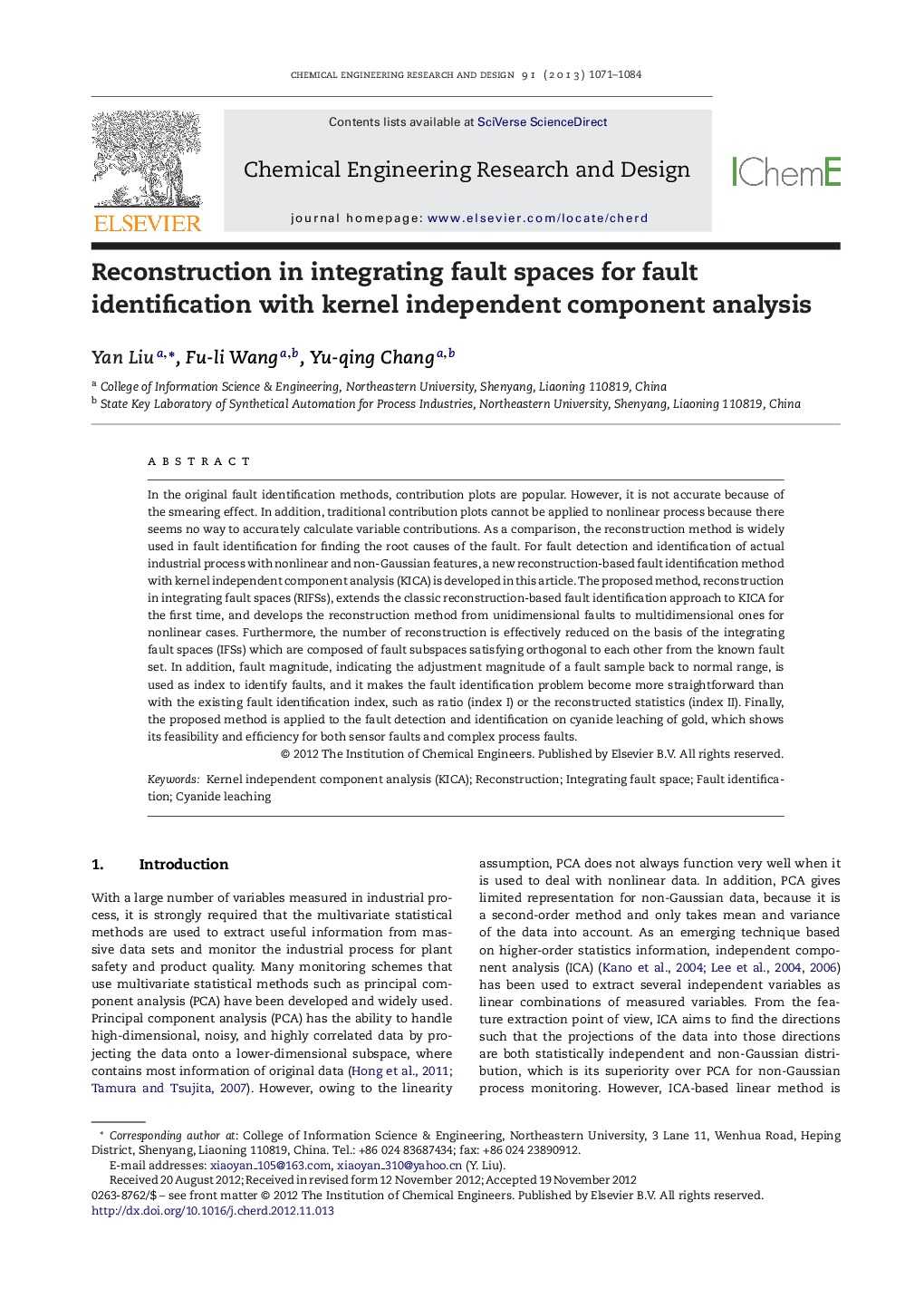 Reconstruction in integrating fault spaces for fault identification with kernel independent component analysis