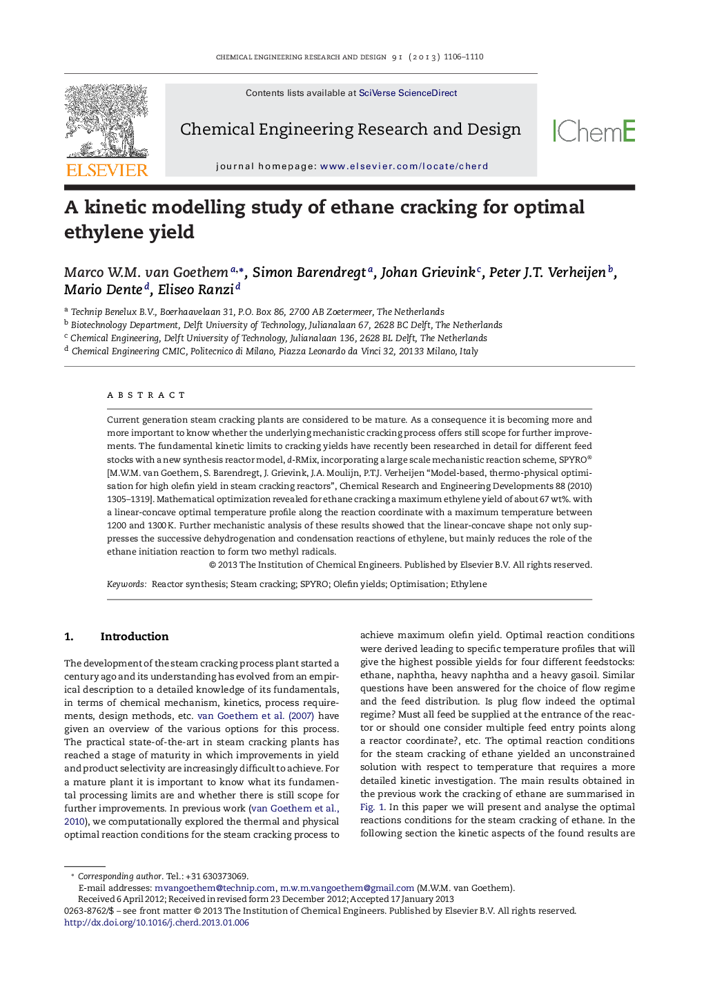 A kinetic modelling study of ethane cracking for optimal ethylene yield