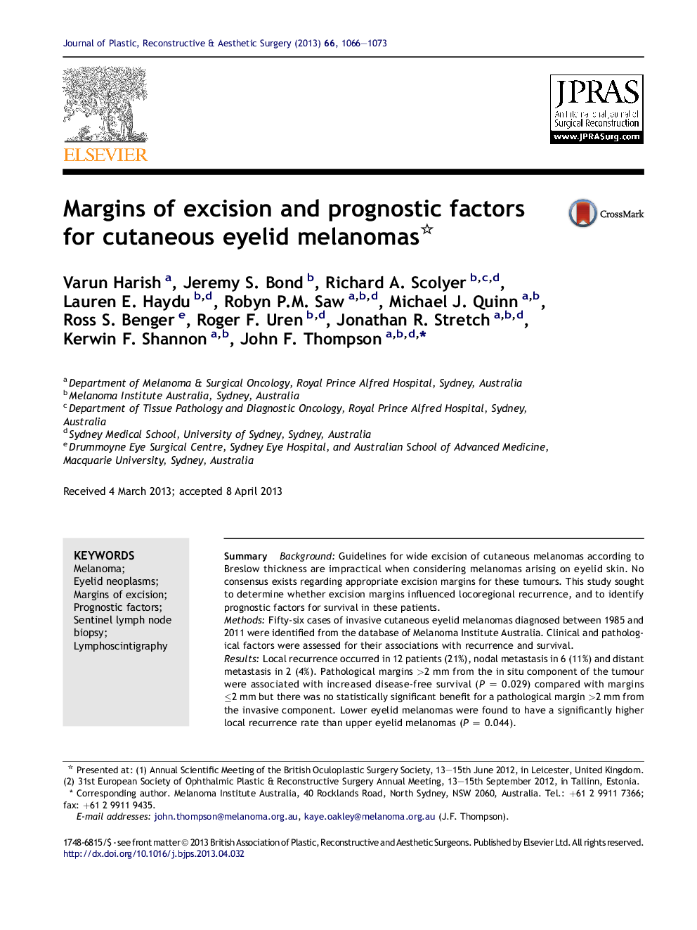 Margins of excision and prognostic factors for cutaneous eyelid melanomas