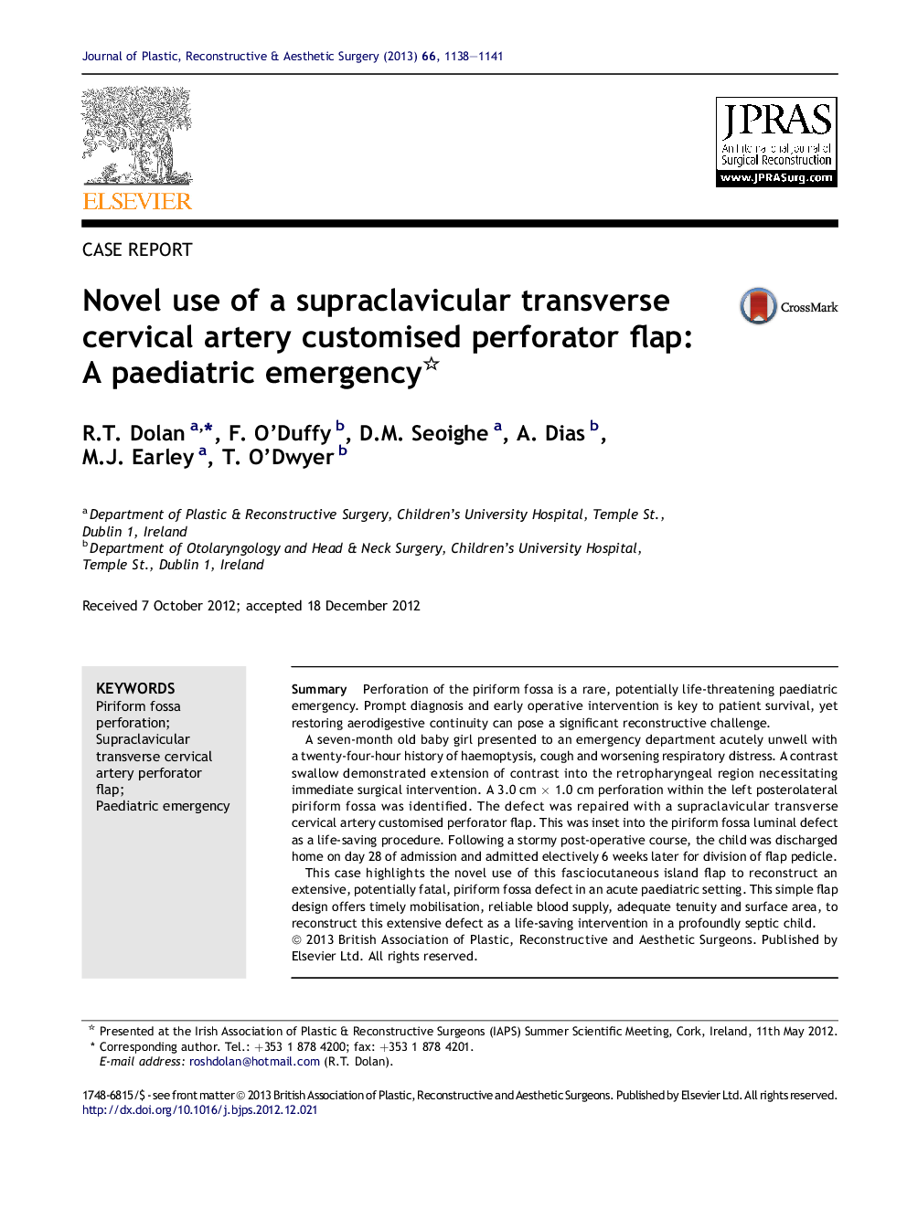 Novel use of a supraclavicular transverse cervical artery customised perforator flap: AÂ paediatric emergency