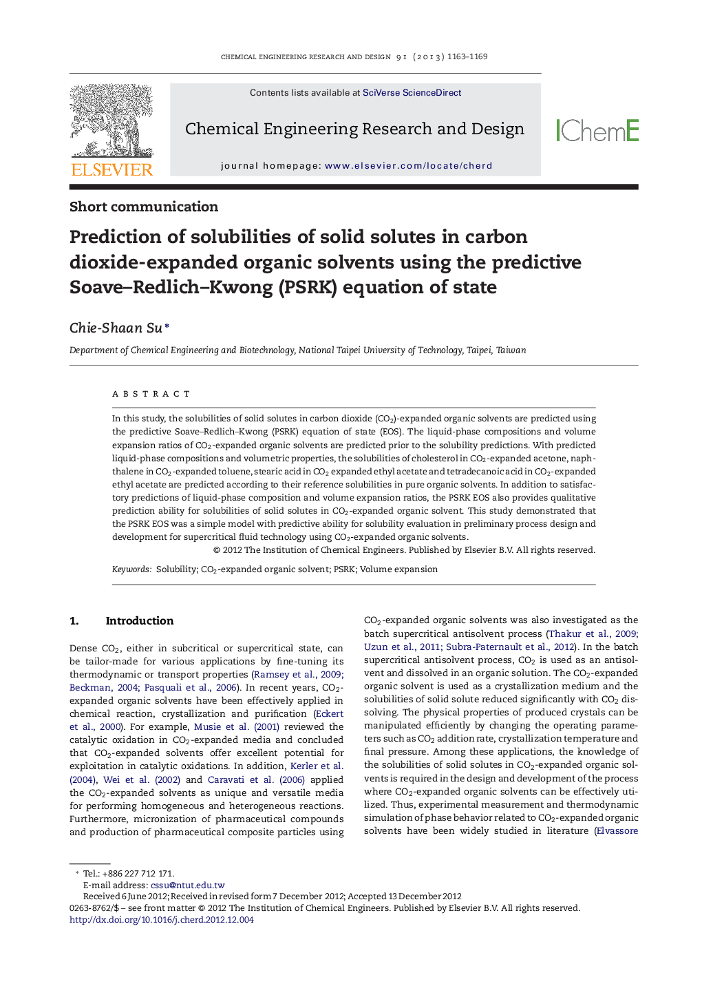 Prediction of solubilities of solid solutes in carbon dioxide-expanded organic solvents using the predictive Soave–Redlich–Kwong (PSRK) equation of state