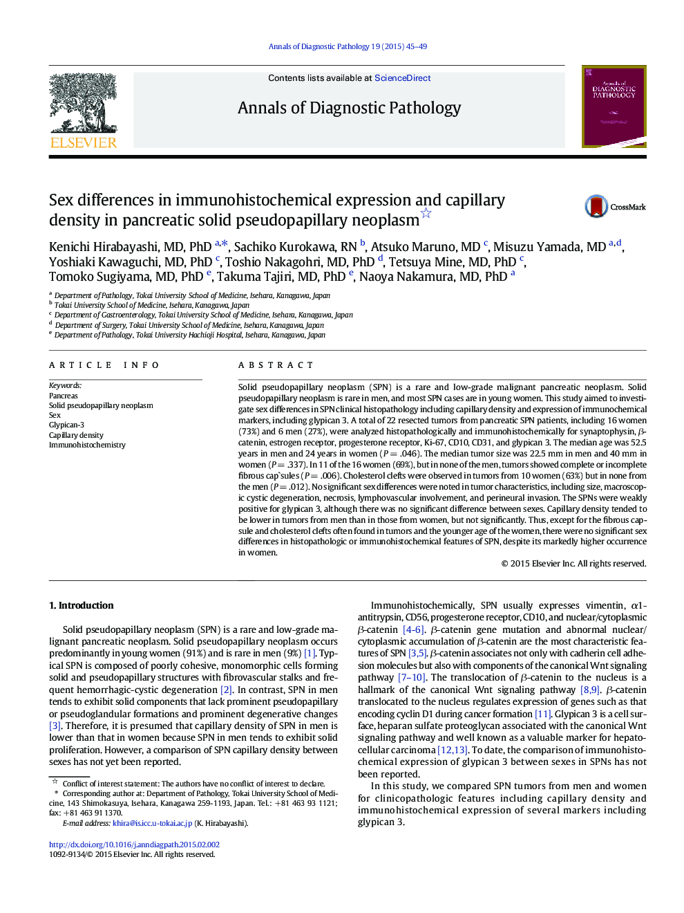 Sex differences in immunohistochemical expression and capillary density in pancreatic solid pseudopapillary neoplasm