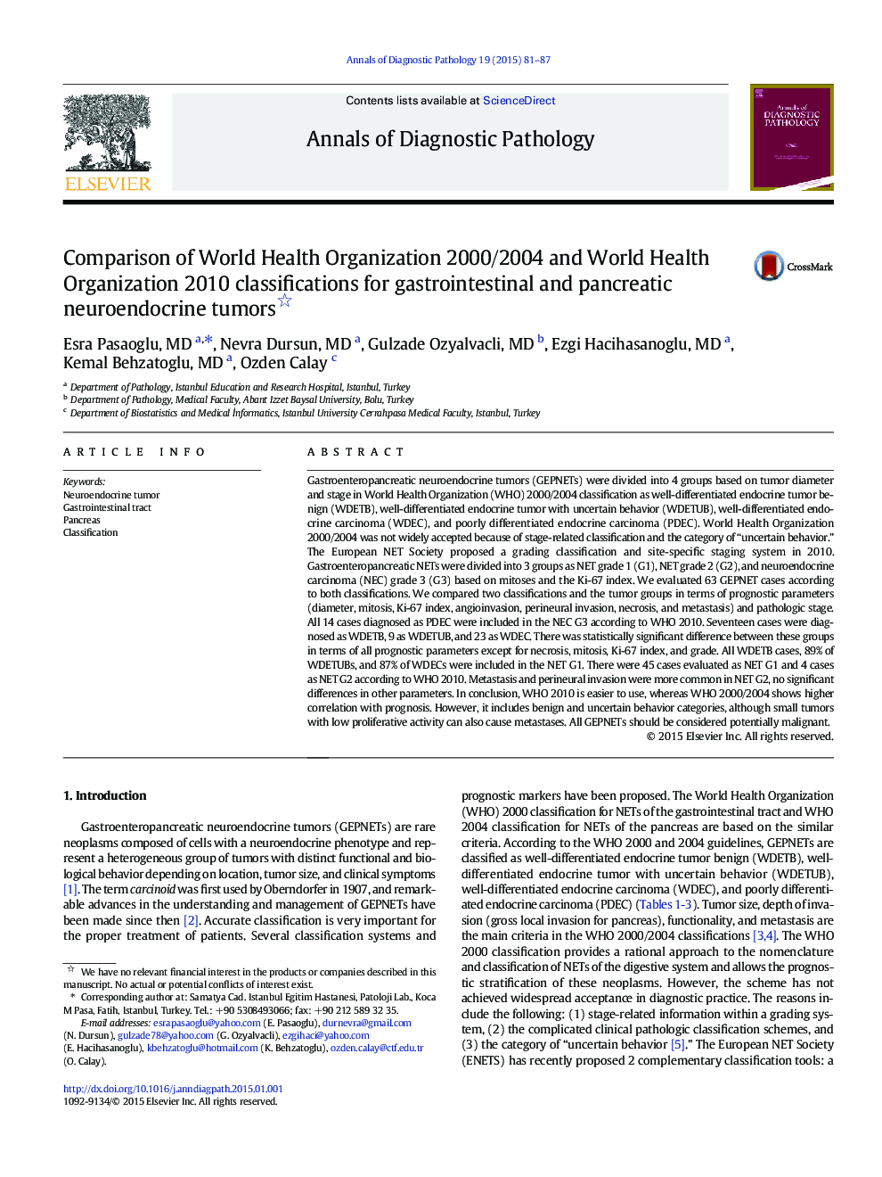 Comparison of World Health Organization 2000/2004 and World Health Organization 2010 classifications for gastrointestinal and pancreatic neuroendocrine tumors