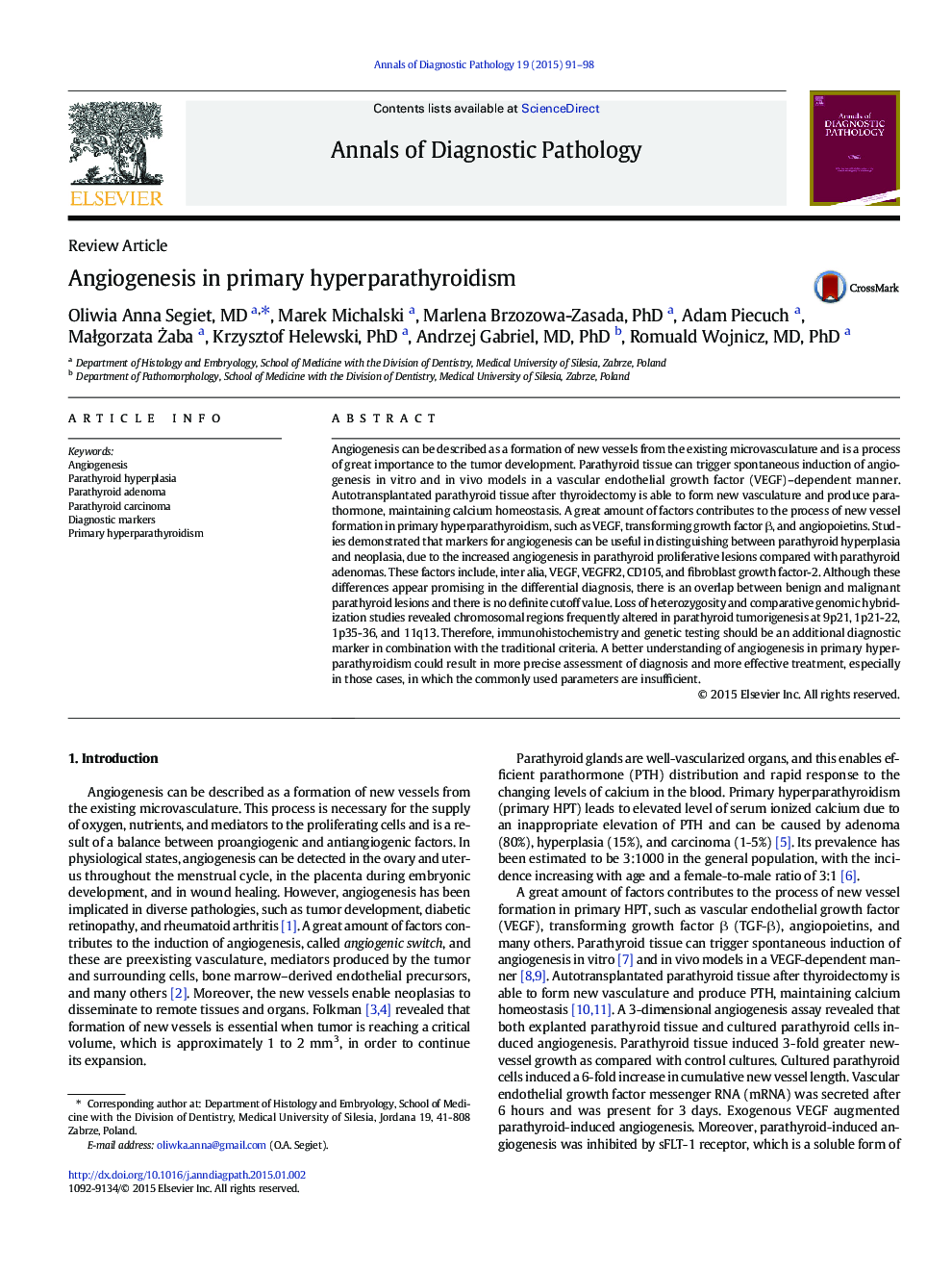 Angiogenesis in primary hyperparathyroidism