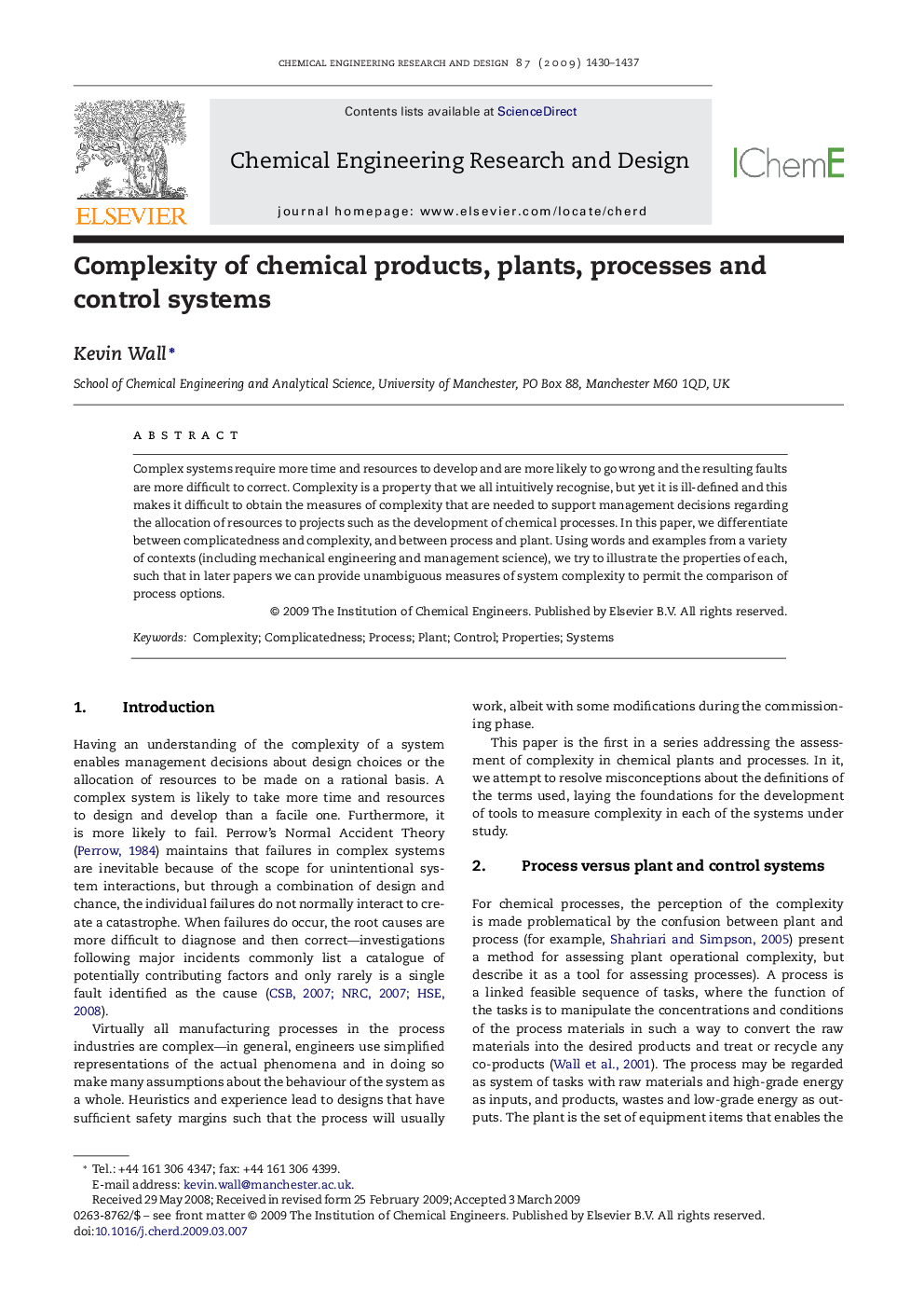 Complexity of chemical products, plants, processes and control systems