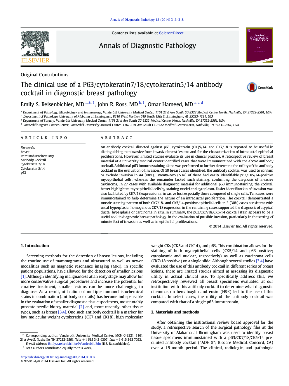 The clinical use of a P63/cytokeratin7/18/cytokeratin5/14 antibody cocktail in diagnostic breast pathology