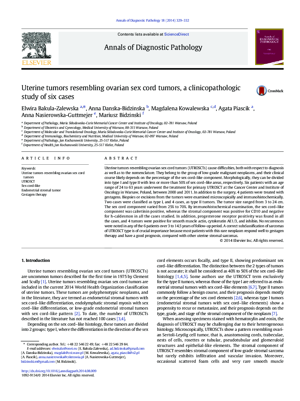 Uterine tumors resembling ovarian sex cord tumors, a clinicopathologic study of six cases