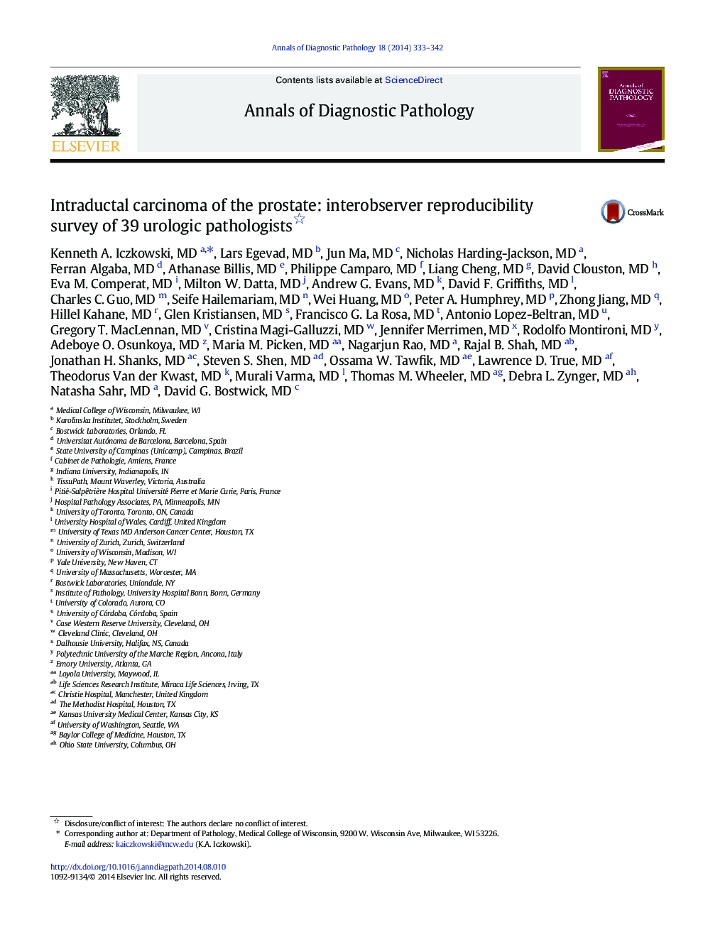 Intraductal carcinoma of the prostate: interobserver reproducibility survey of 39 urologic pathologists