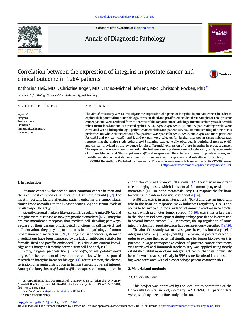 Correlation between the expression of integrins in prostate cancer and clinical outcome in 1284 patients