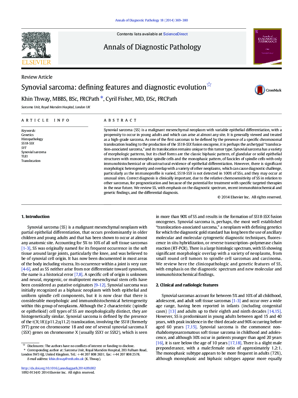 Synovial sarcoma: defining features and diagnostic evolution