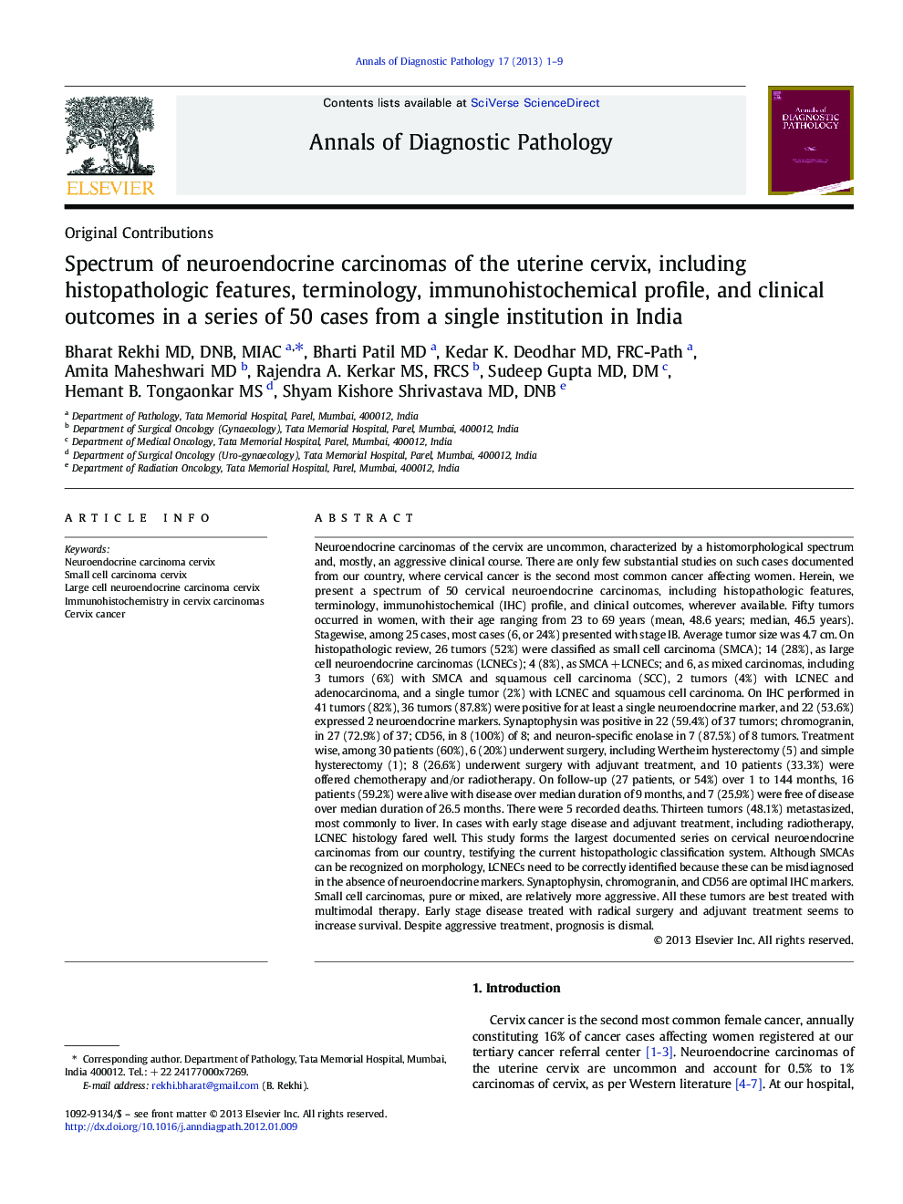 Spectrum of neuroendocrine carcinomas of the uterine cervix, including histopathologic features, terminology, immunohistochemical profile, and clinical outcomes in a series of 50 cases from a single institution in India