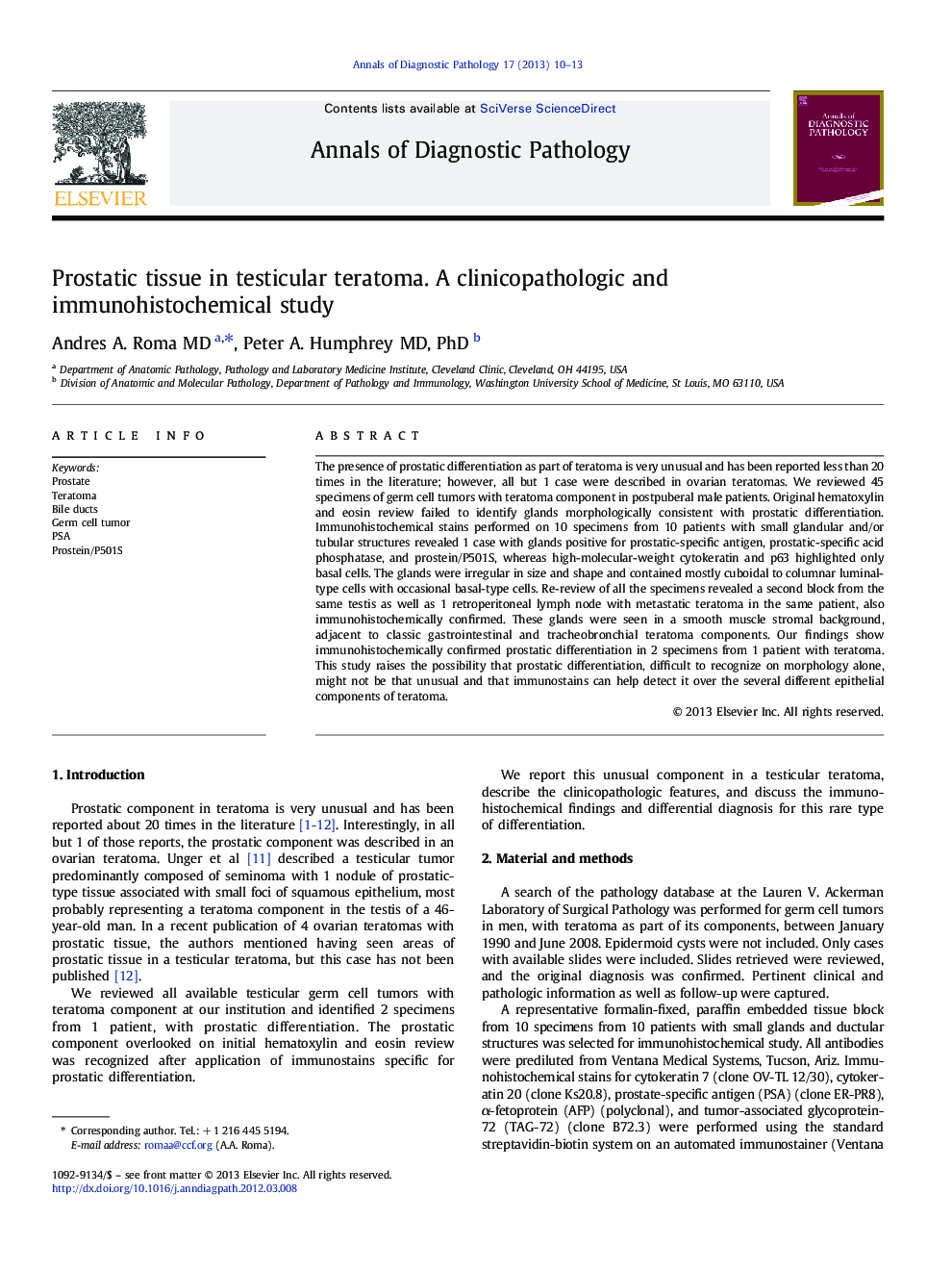 Prostatic tissue in testicular teratoma. A clinicopathologic and immunohistochemical study