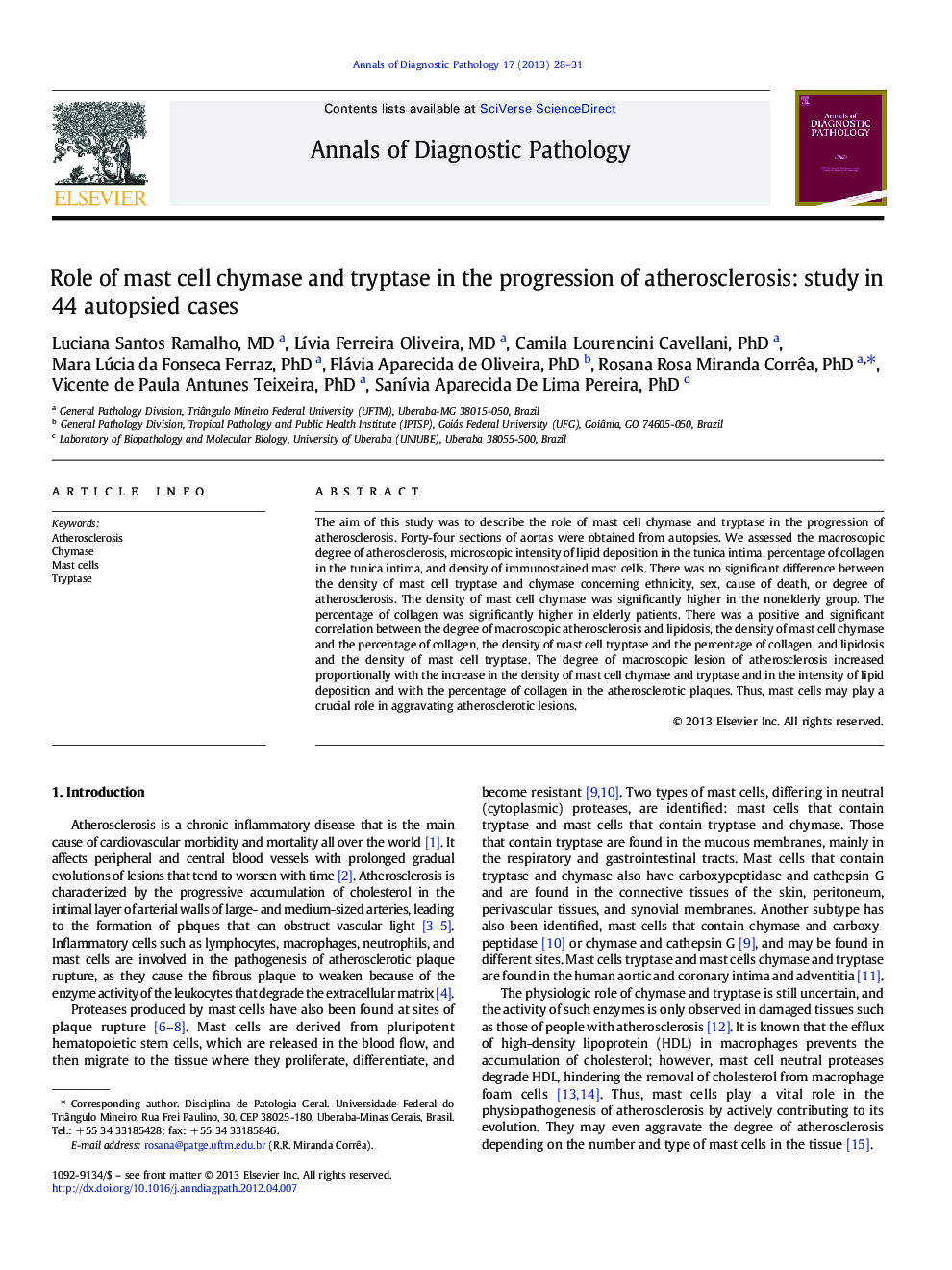 Role of mast cell chymase and tryptase in the progression of atherosclerosis: study in 44 autopsied cases